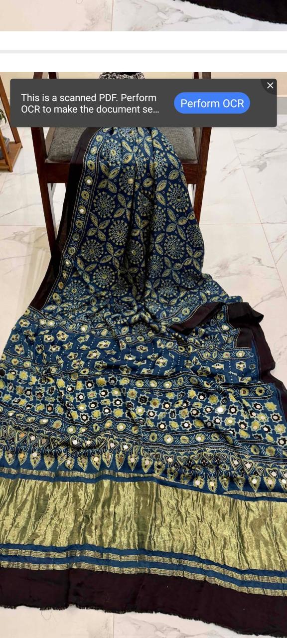 Ajrakh Block Printed Modal Silk Saree with light Mirror work in Blue