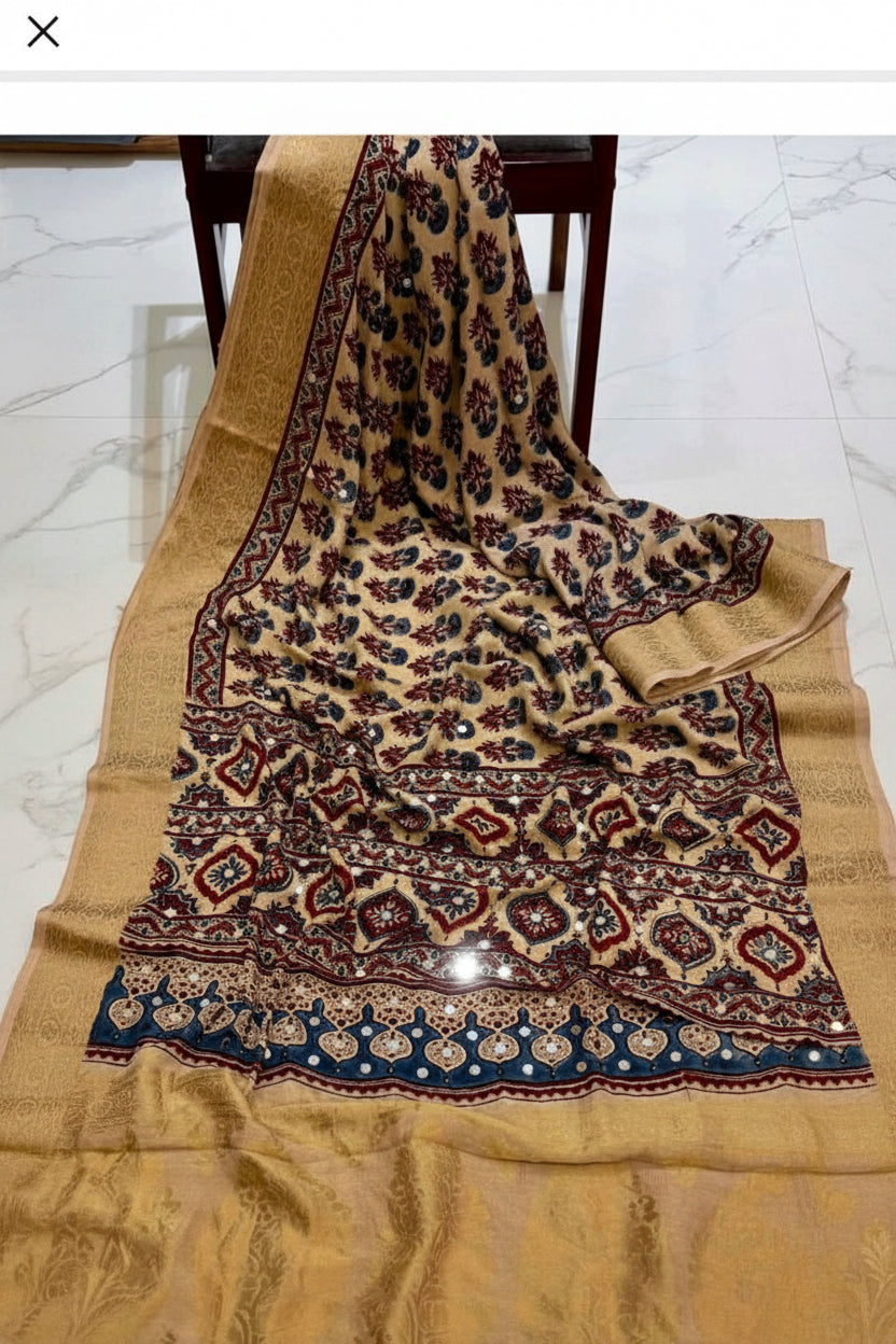 Ajrakh Block Printed Modal Silk Saree with light Mirror work in Beige