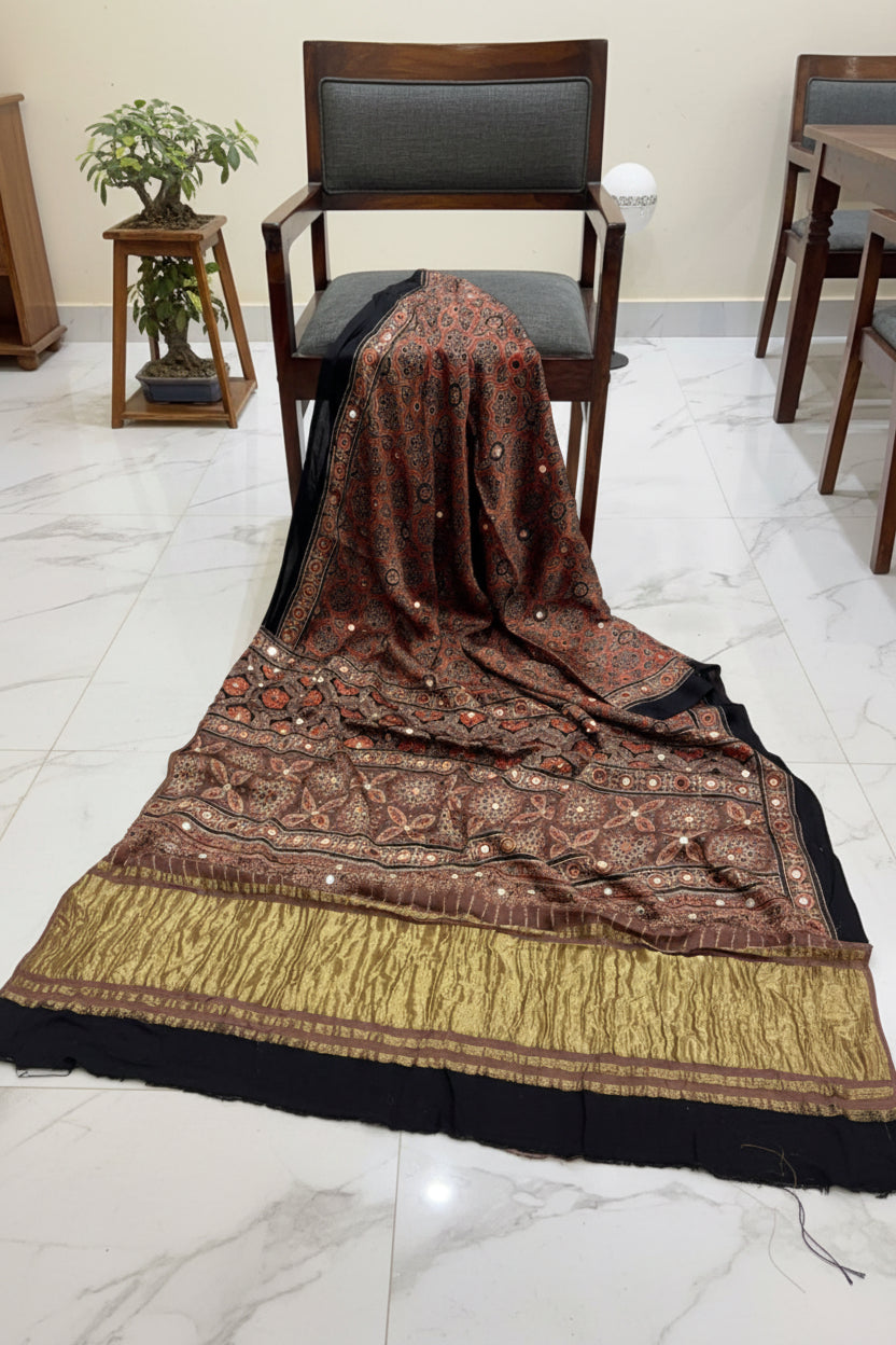 Ajrakh Block Printed Modal Silk Saree with light Mirror work