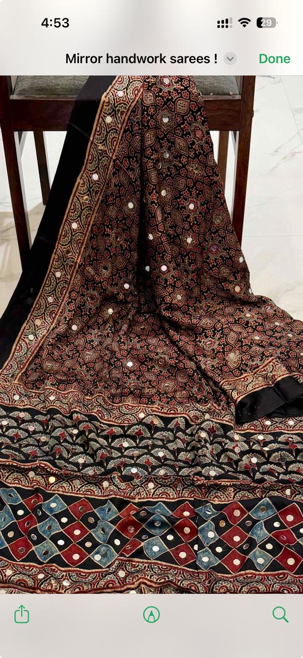 Ajrakh Block Printed Modal Silk Saree with light Mirror work