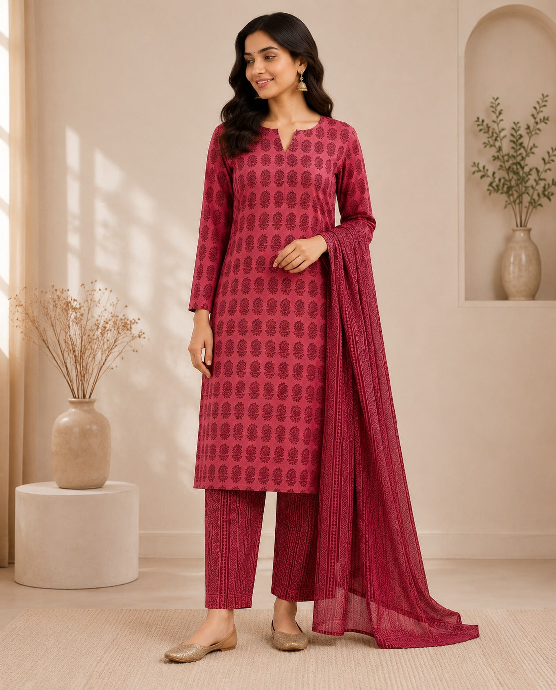 Bagh Print Office Suit — 3 Pc. Stitched Set (Red)