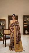 Ajrakh Block Printed Modal Silk Saree with light Mirror work in Beige