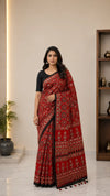 Ajrakh Block Printed Modal Silk Saree with Mirror work in Red