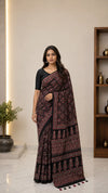 Ajrakh Block Printed Modal Silk Saree with Mirror work in Black