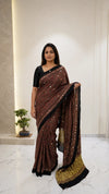 Ajrakh Block Printed Modal Silk Saree with light Mirror work in Black