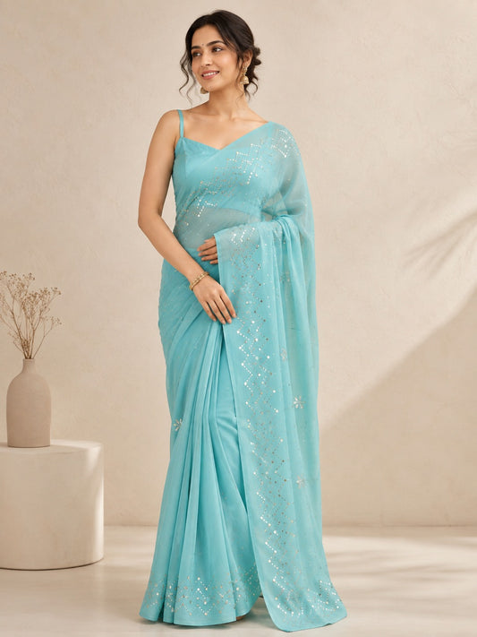 Aqua Blue Mukaish Kamdani Saree