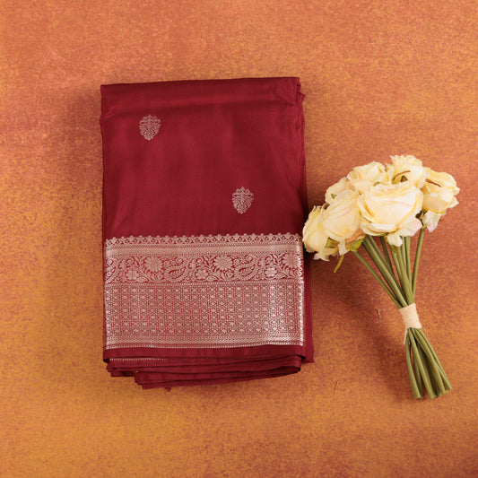 Maroon Kanjivaram Semi-Silk Saree With Beautiful Silver Zari Buti Work Festive Wear