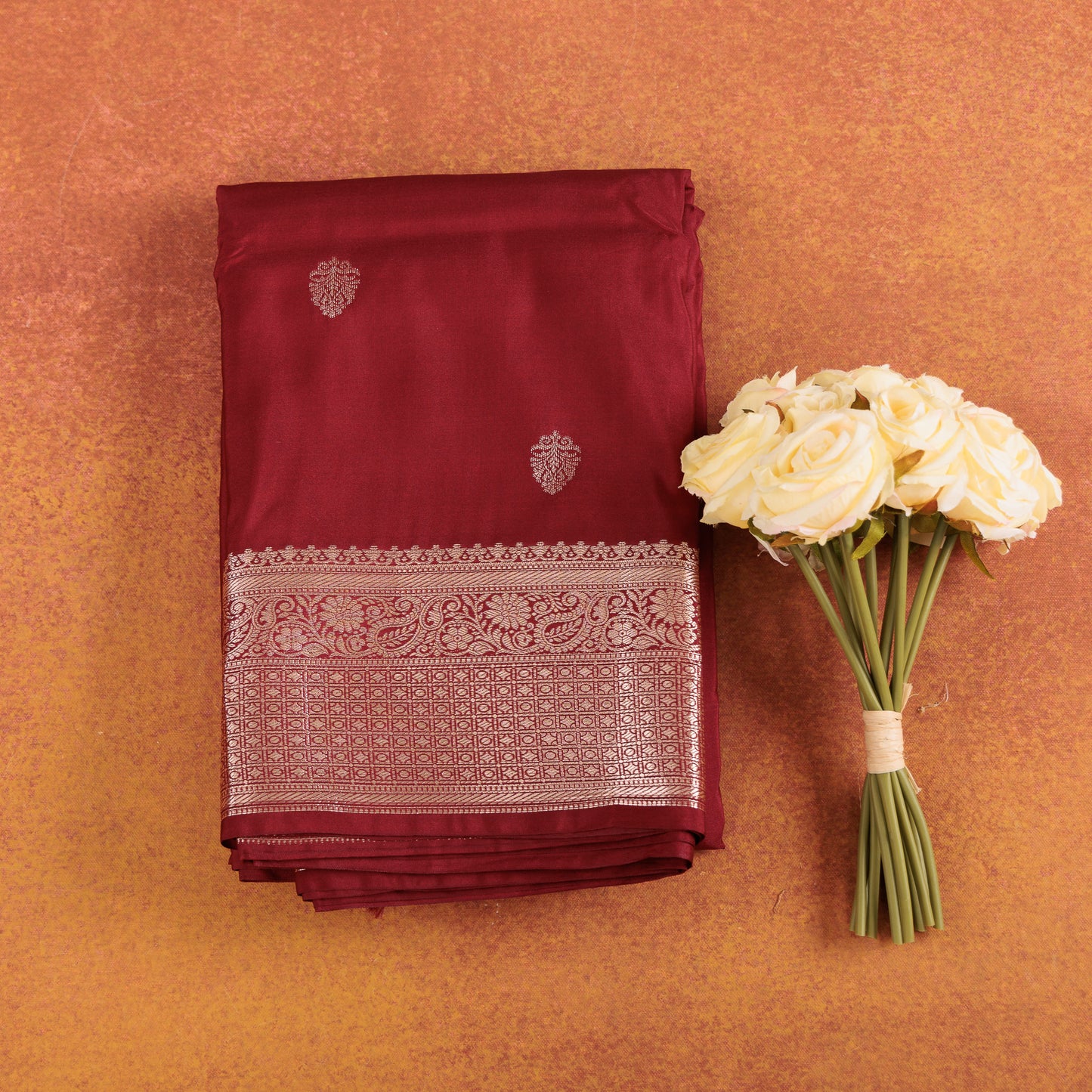 Maroon Kanjivaram Semi-Silk Saree With Beautiful Silver Zari Buti Work Festive Wear