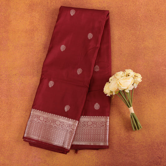Maroon Kanjivaram Semi-Silk Saree With Beautiful Silver Zari Buti Work Festive Wear
