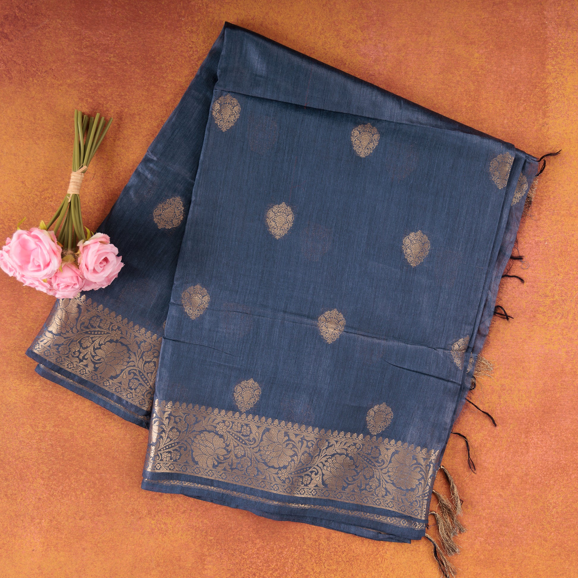 Navy-blue-pure-munga-silk-saree-with-gold-leaf-zari-buttas-and-woven-border