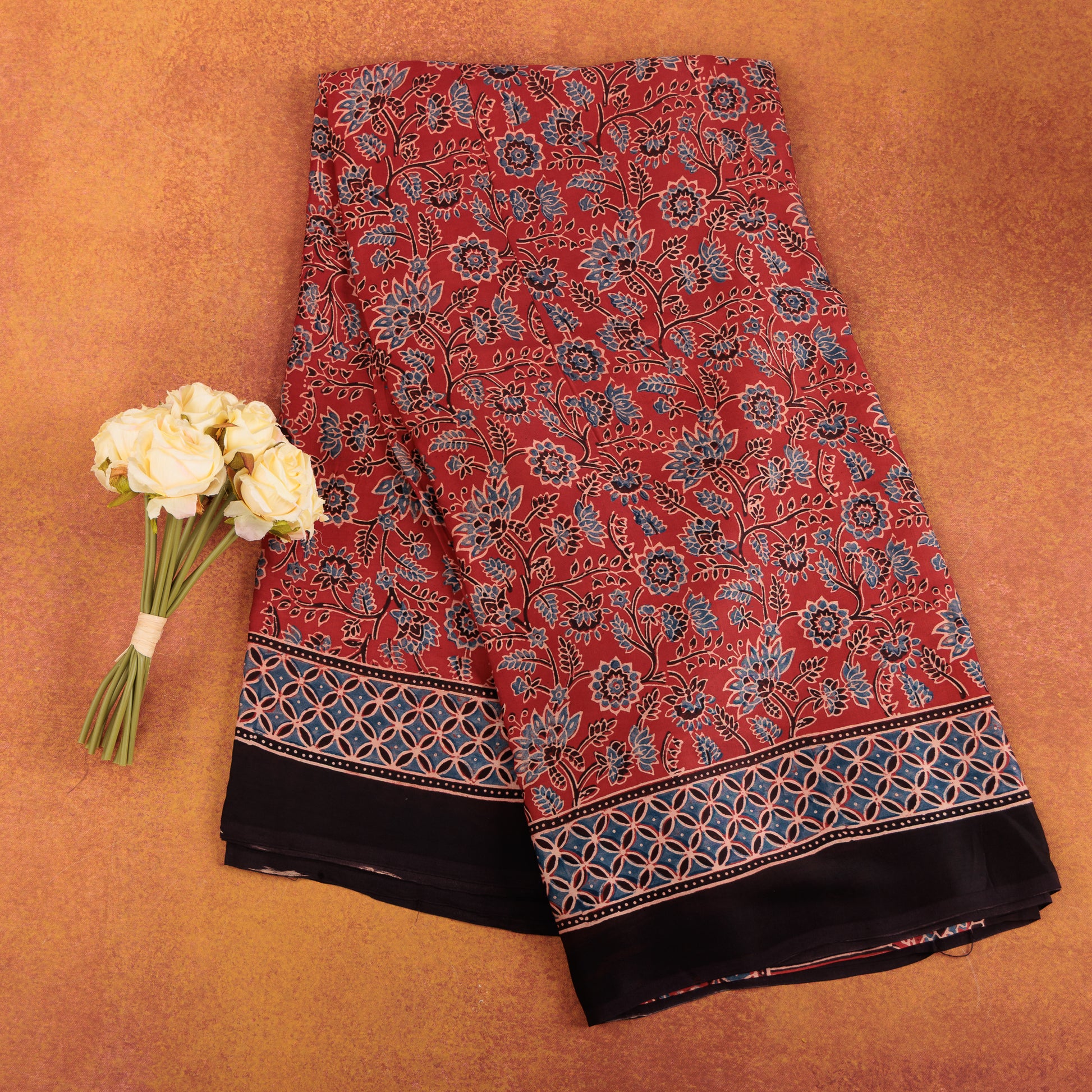 Red-ajrak-hand-block-printed-modal-silk-saree-with-black-border