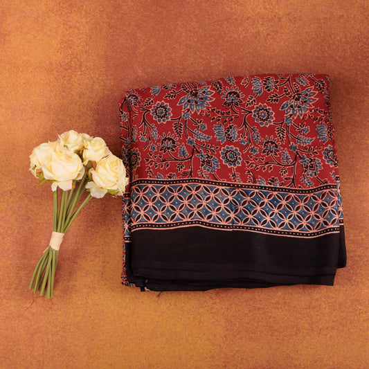 Pure Red Modal Silk Saree | Hand-Block Ajrak Print | Traditional Ethnic Wear