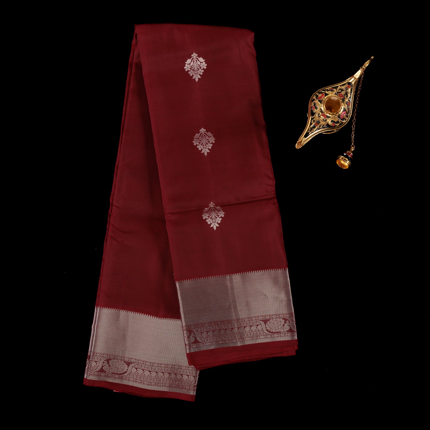 Burgundy Kanjivaram Silk Saree | Silver Zari Wedding Wear for Women