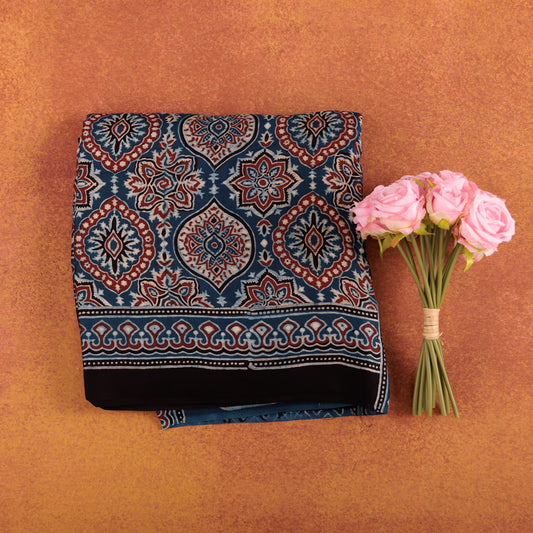 Hand Block Printed Blue Modal Silk Saree | Authentic Ajrak Design