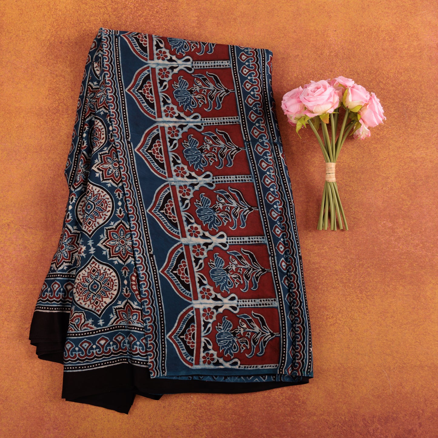 Hand Block Printed Blue Modal Silk Saree | Authentic Ajrak Design