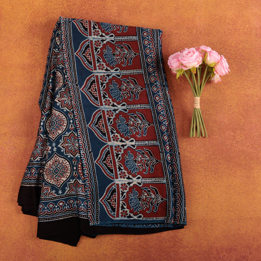 Hand Block Printed Blue Modal Silk Saree | Authentic Ajrak Design