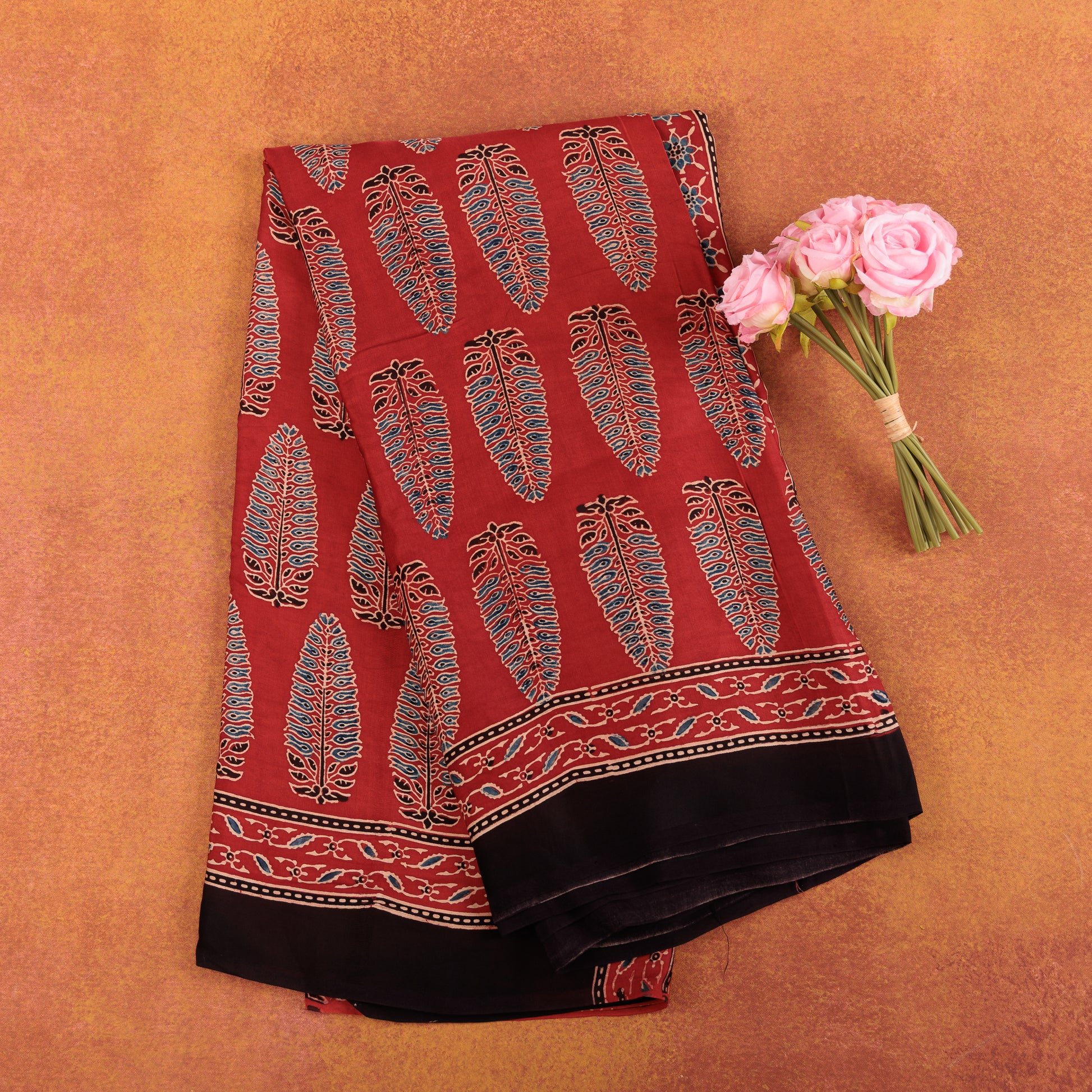 Red Silk Ajrak Modal Silk Saree with Traditional Hand Block Printed Ajrak Motifs and Black Contrast Border for Women