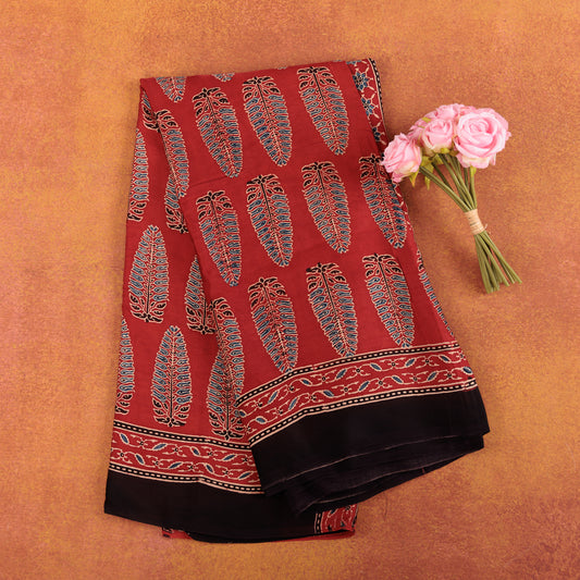 Red Silk Ajrak Modal Silk Saree with Traditional Hand Block Printed Ajrak Motifs and Black Contrast Border for Women