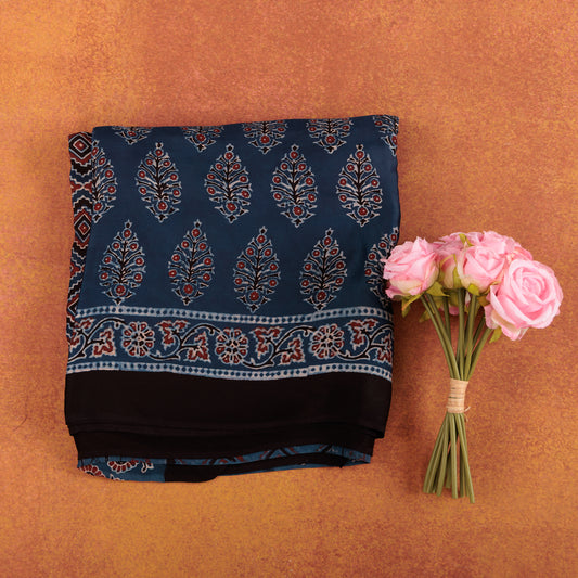 Blue Silk Ajrak Modal Silk Saree with Traditional Ajrak Hand Block Printed Pattern for Women