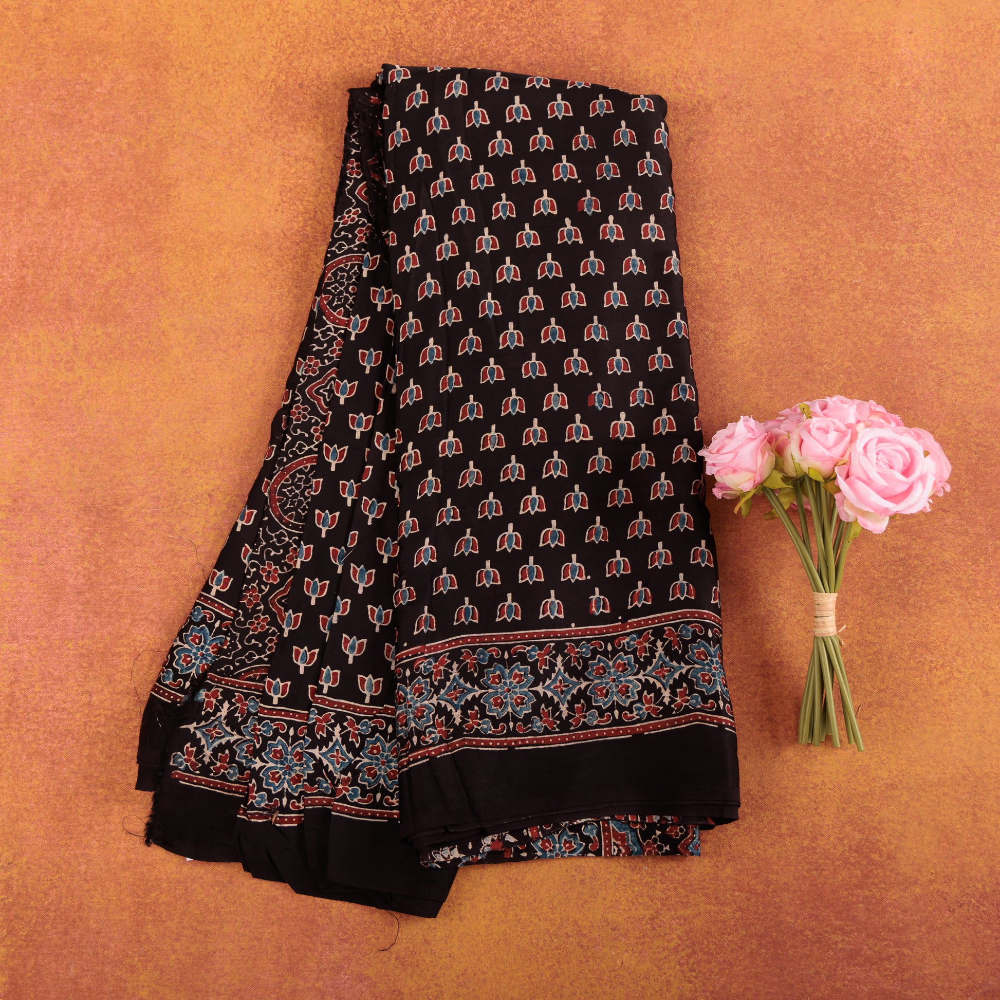 Black Silk Ajrak Modal Silk Saree with Traditional Hand Block Printed Ajrak Pattern for Women