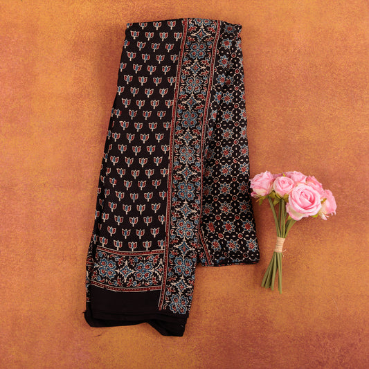 Black Silk Ajrak Modal Silk Saree | Traditional Ajrak Block Printed Saree for Women
