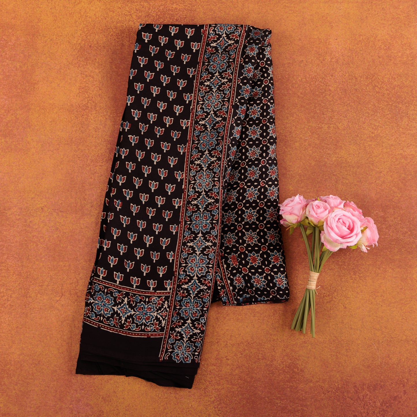 Black Silk Ajrak Modal Silk Saree | Traditional Ajrak Block Printed Saree for Women