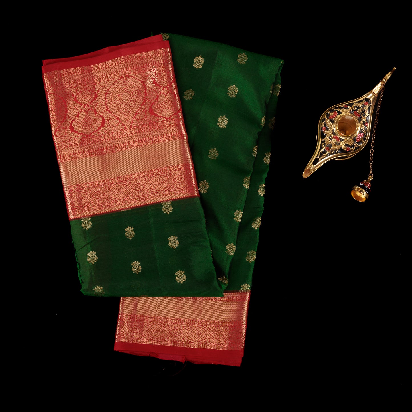 Green & Red Kanjivaram Silk Saree | Traditional Gold Zari Wedding Saree