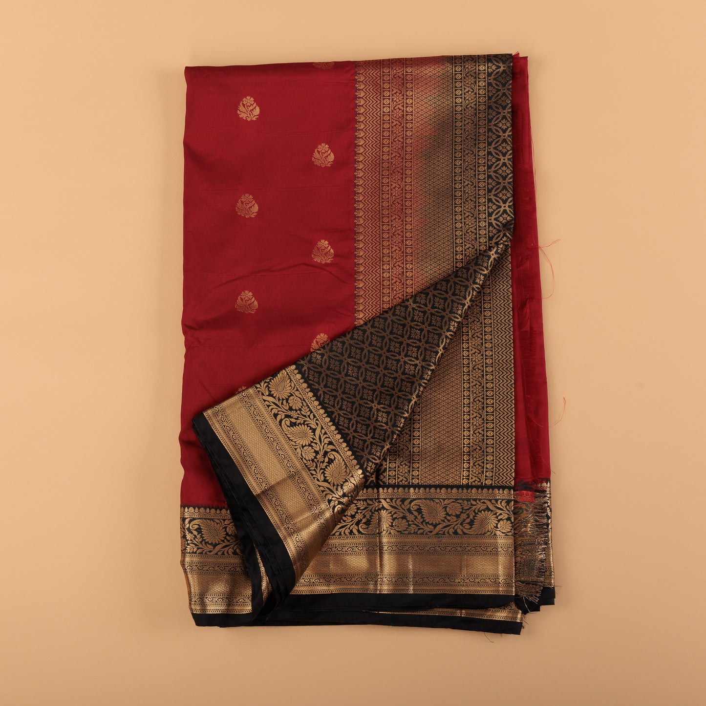 Maroon Kanjivaram Semi-Silk Saree | Black Border & Gold Butti Work