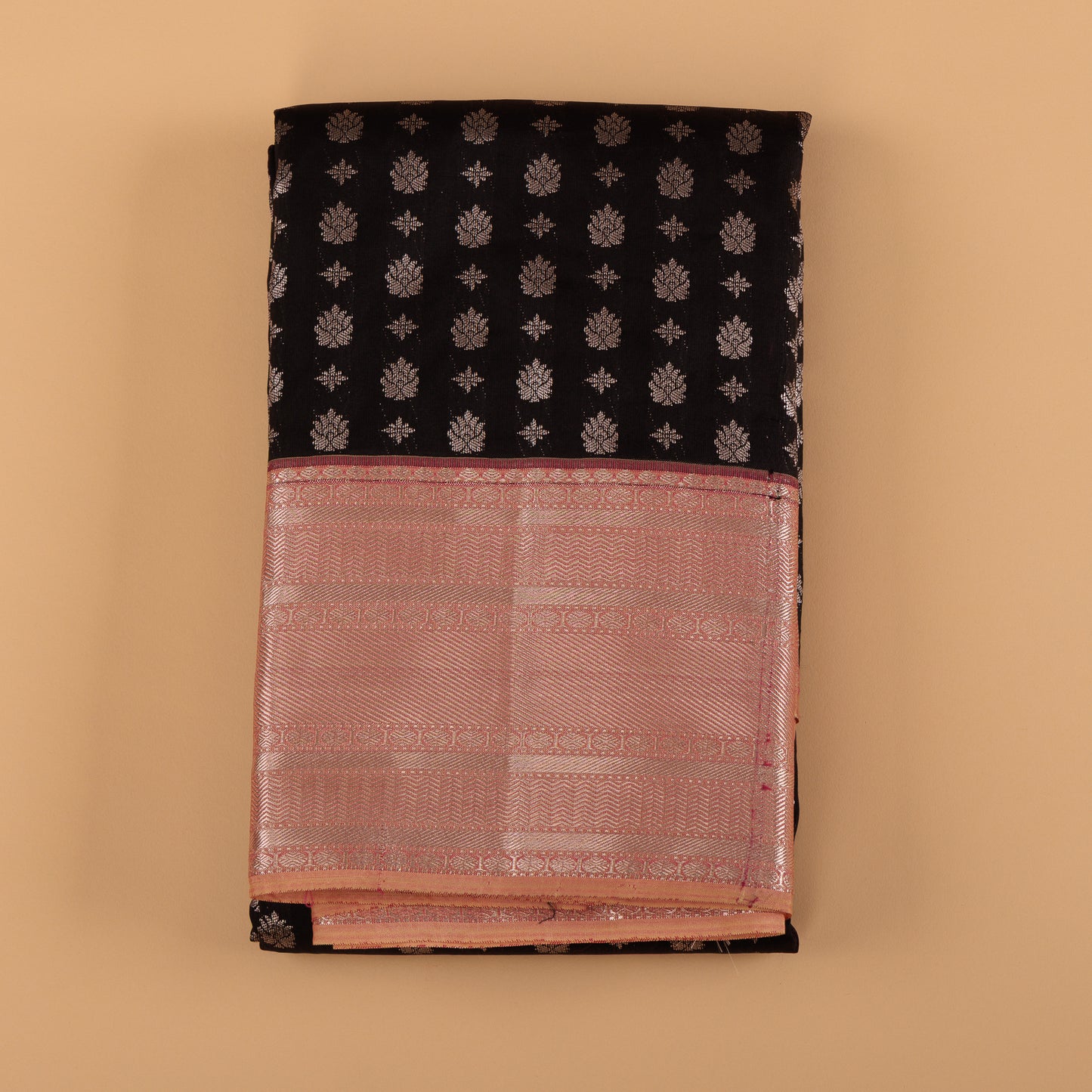 Black & Pink Kanjivaram Semi-Silk Saree | Silver Zari Butti Work