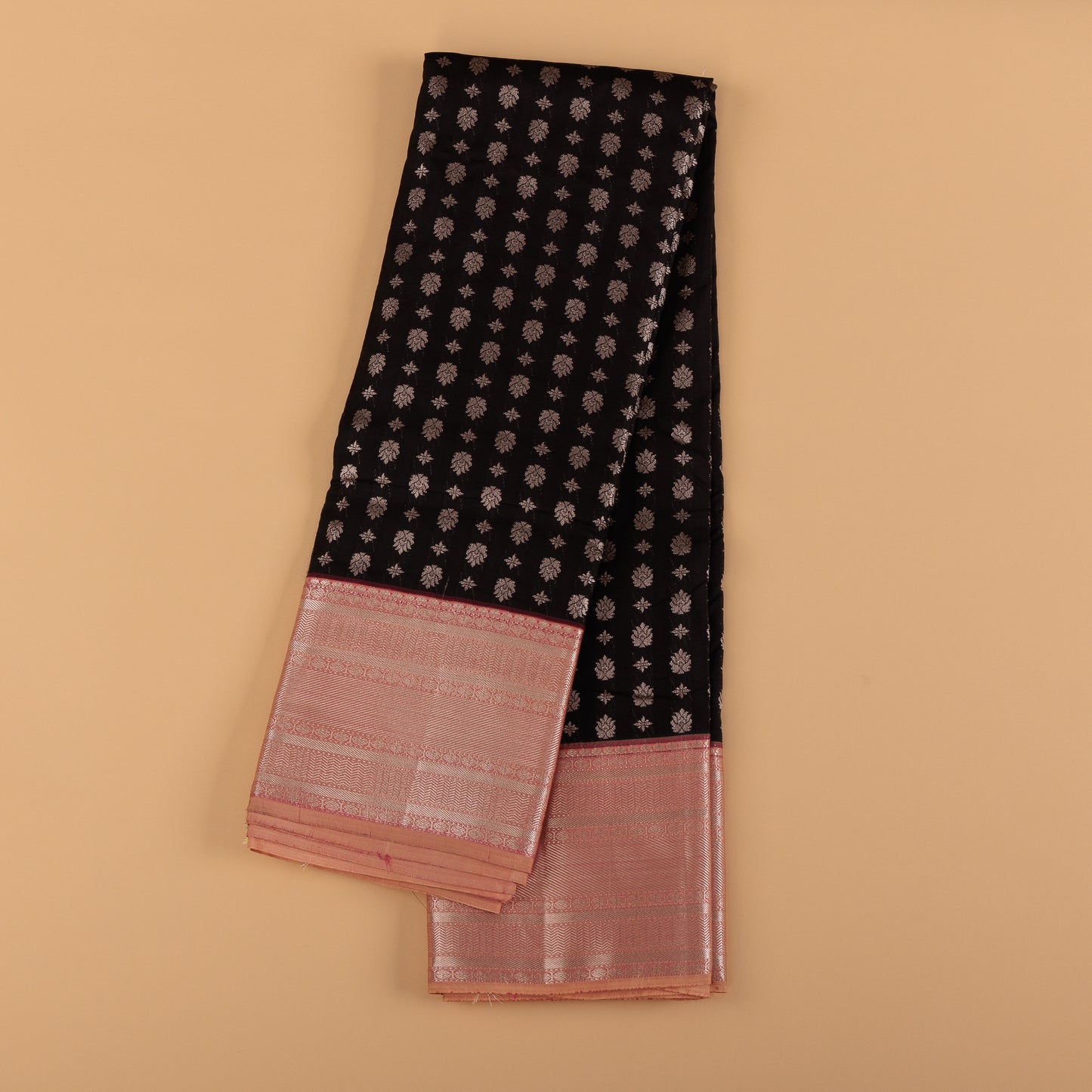 Black & Pink Kanjivaram Semi-Silk Saree | Silver Zari Butti Work