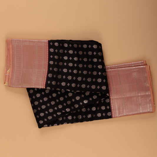 Black & Pink Kanjivaram Semi-Silk Saree | Silver Zari Butti Work