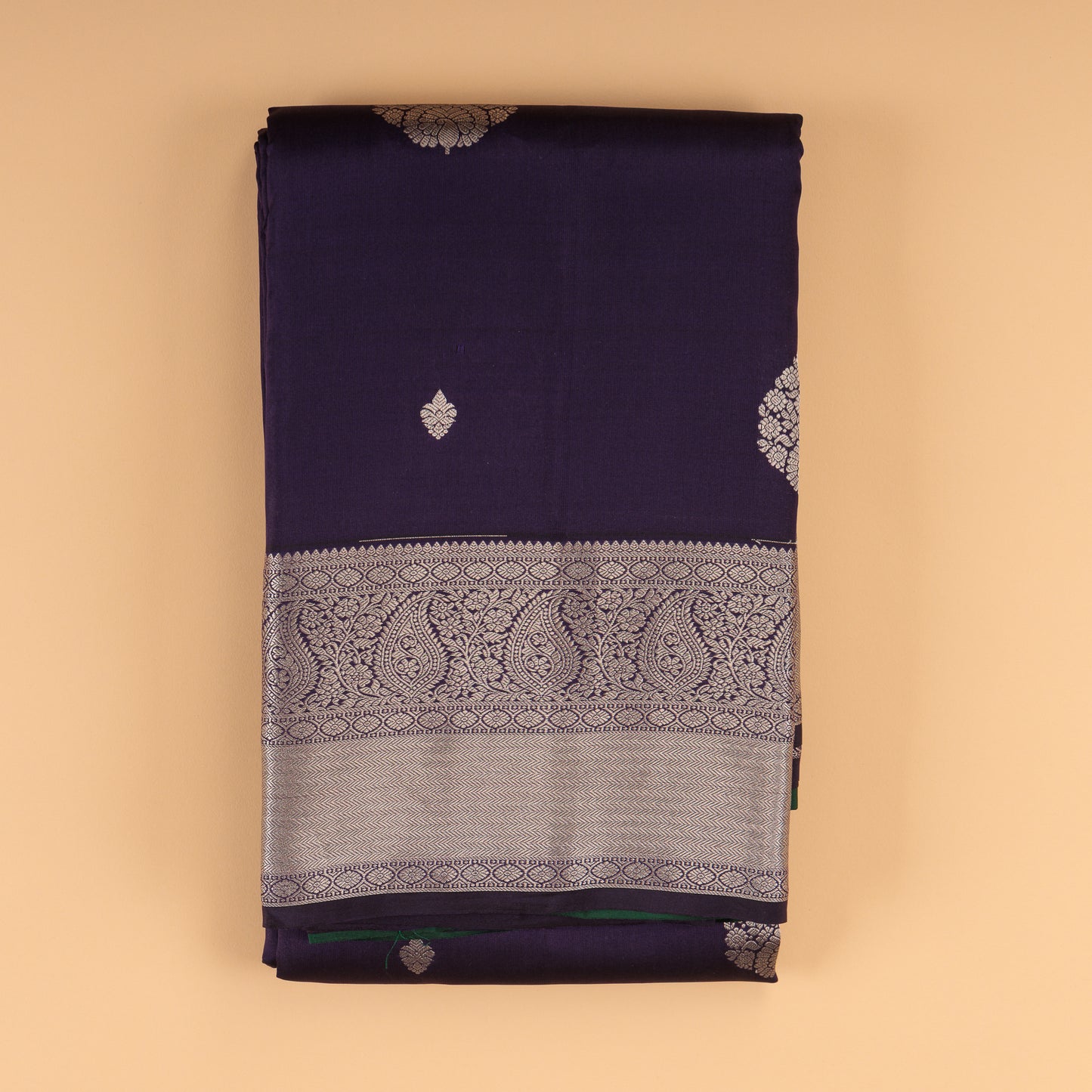Purple Kanjivaram Silk Saree | Silver Zari Border | Contrast Green Blouse