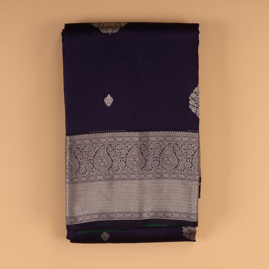Purple Kanjivaram Silk Saree | Silver Zari Border | Contrast Green Blouse