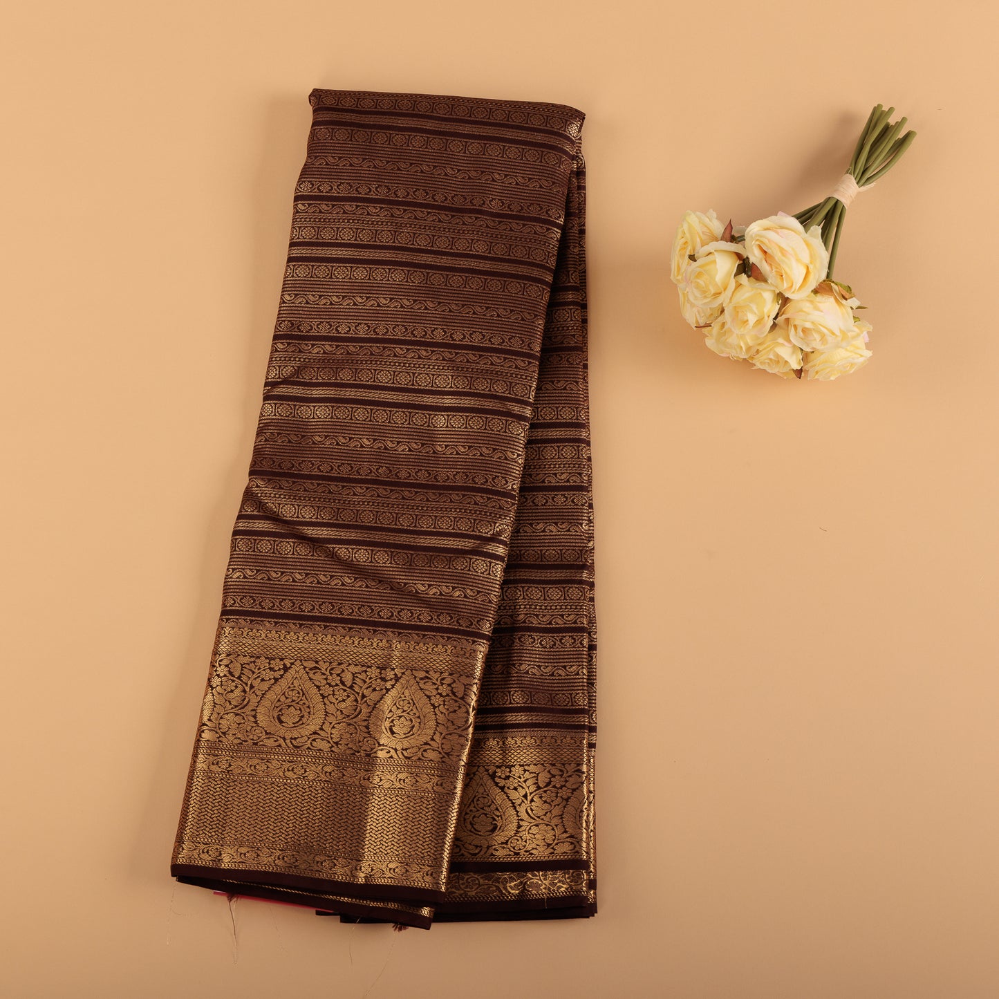 Chocolate Brown Kanjivaram Semi Silk Saree | Designer Zari Work Wedding Wear