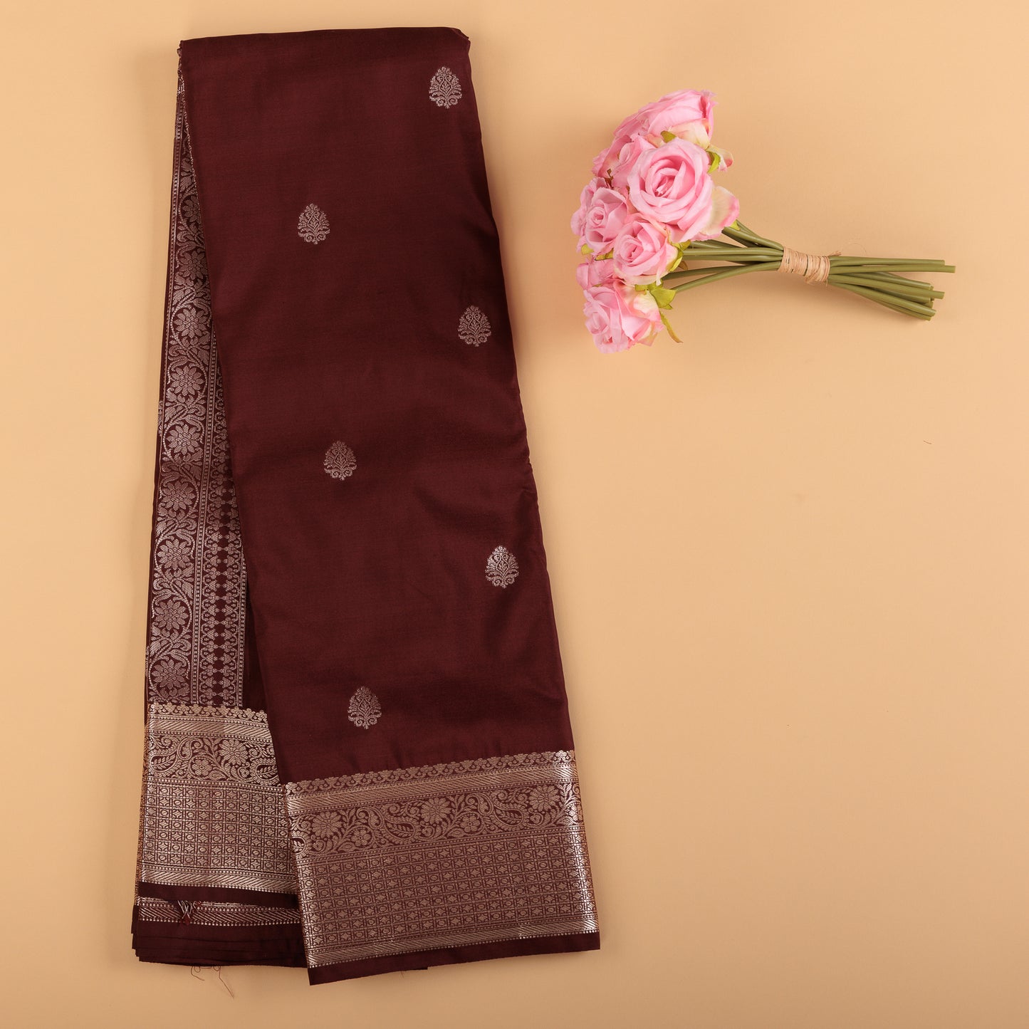 Coffee Brown Kanjivaram Semi Silk Saree | Silver Zari Floral Motifs Wedding Wear