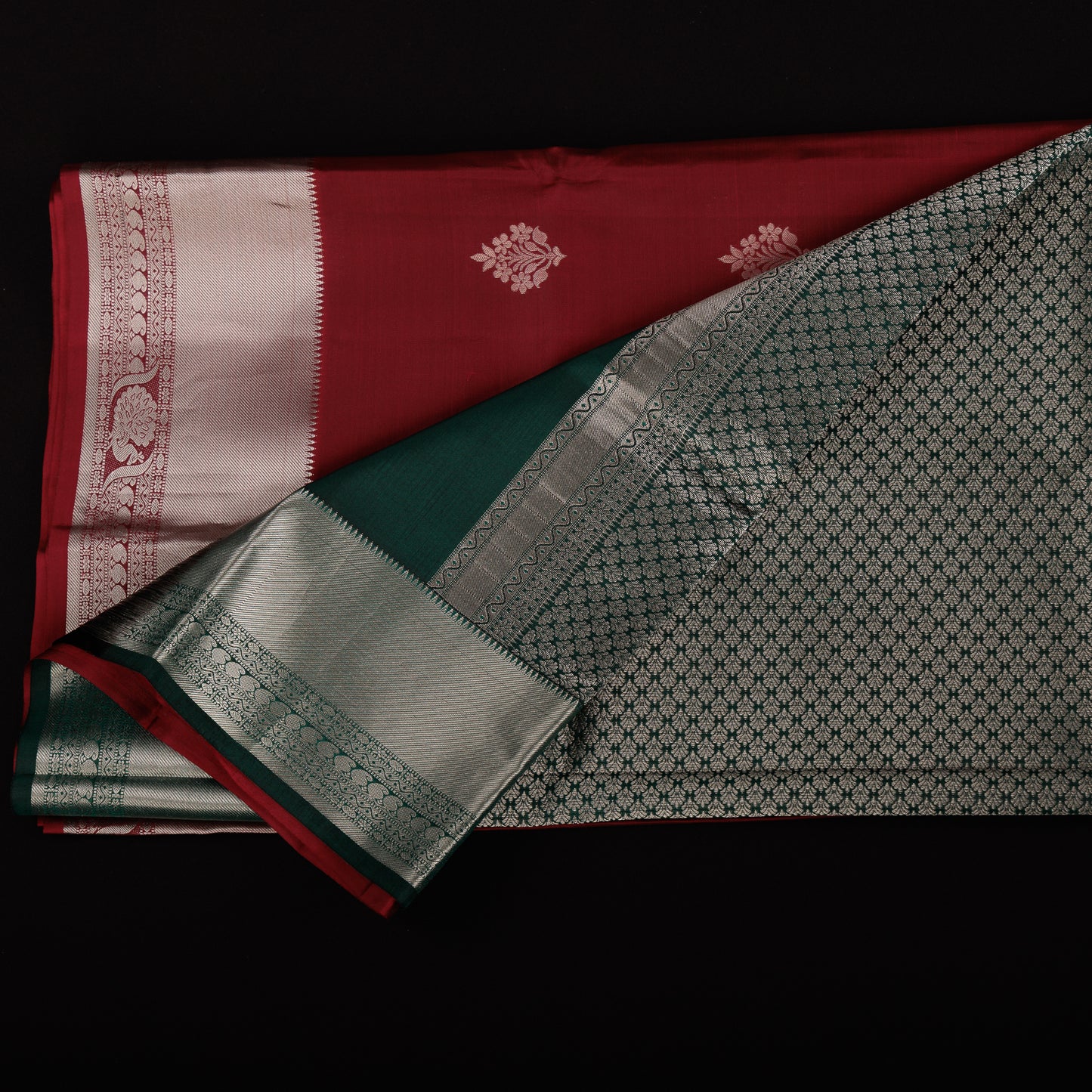 Pure Kanjivaram Wine-Red Saree | Silver Zari Work | Bottle Green Contrast Border| Festive Wear