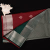 Pure Kanjivaram Wine-Red Saree | Silver Zari Work | Bottle Green Contrast Border| Festive Wear