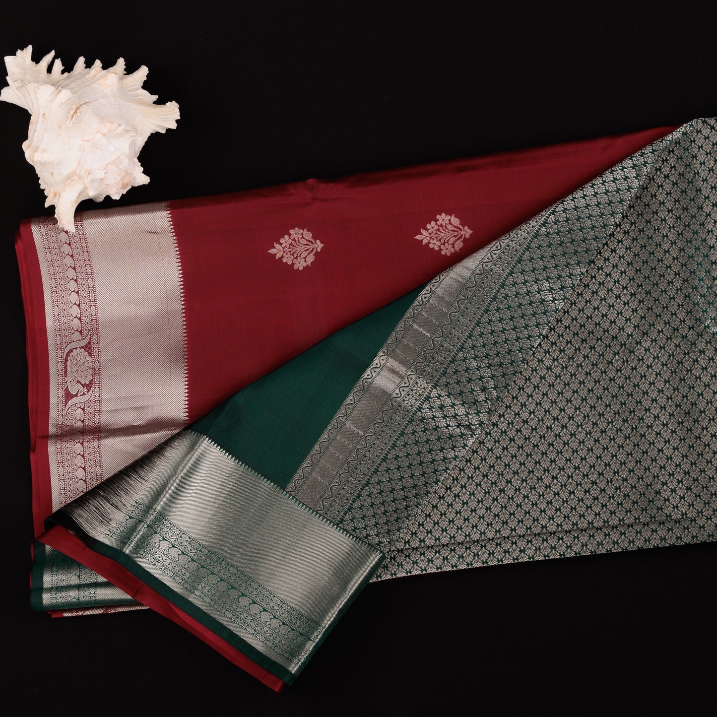 Pure Kanjivaram Wine-Red Saree | Silver Zari Work | Bottle Green Contrast Border| Festive Wear