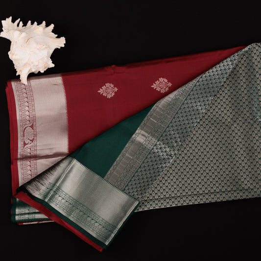Pure Kanjivaram Wine-Red Saree | Silver Zari Work | Bottle Green Contrast Border| Festive Wear