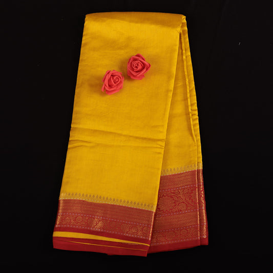 Golden Yellow Banarasi Silk Saree | Maroon Border Wedding Wear Saree