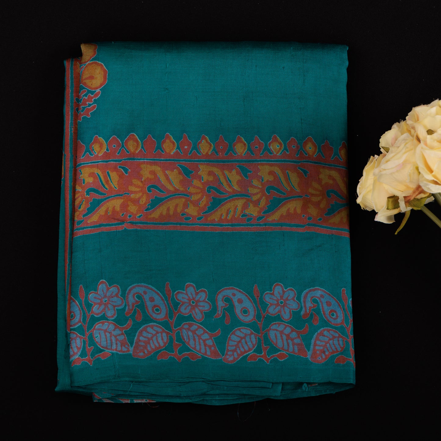 Teal Green Mulberry Silk Saree | Orange Hand Block Printed Designer Party Wear
