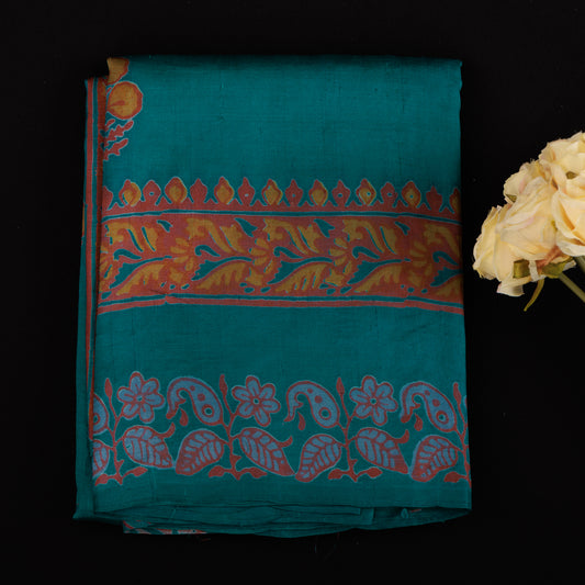 Teal Green Mulberry Silk Saree | Orange Hand Block Printed Designer Party Wear
