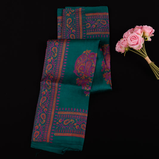 Teal Green Mulberry Silk Saree | Marron Hand Block Printed Designer Party Wear Saree