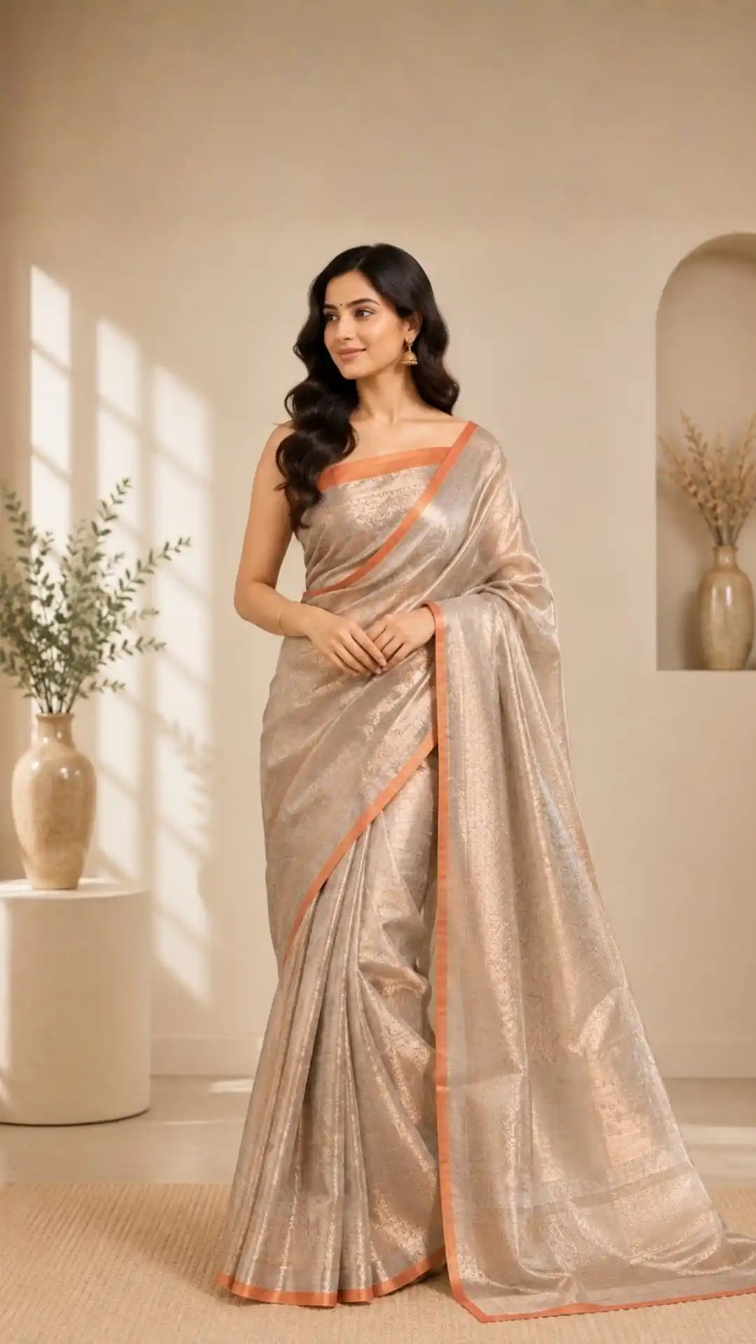 Beige Pure Kora Silk Handloom Banarasi Saree