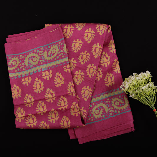 Magenta Tussar Silk Saree | Block Printed Pure Silk | Handloom Party Wear Saree