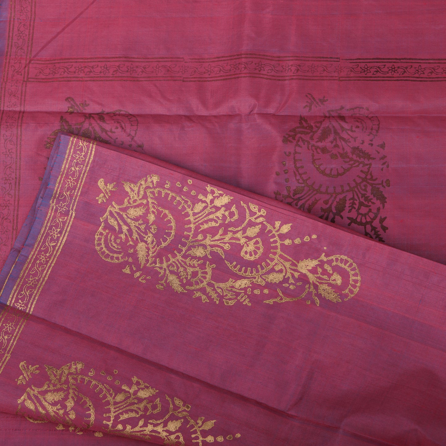 Bishnupur Katan Silk Saree | Gold Khari Hand Block Print | Statement Paisley Saree