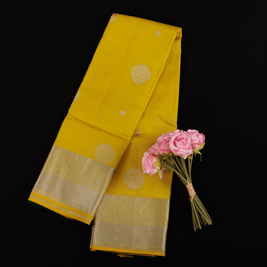 Lemon Yellow Kanjivaram Silk Saree | Silver Zari Wedding Wear | Handloom Pure Silk Saree