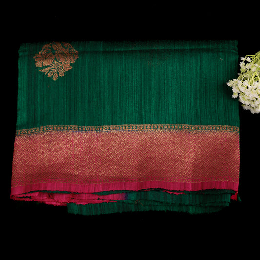Green Banarasi Raw Silk Saree | Contrast Rani Pink Border | Wedding Silk Saree