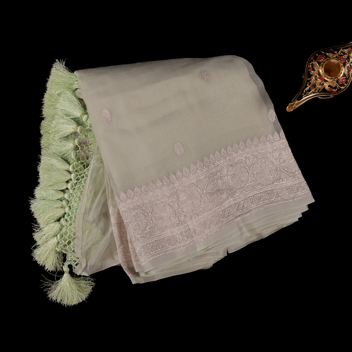 Sage Green Pastel Banarasi Chiffon Saree with Silver Zari Border & Rich Tassels