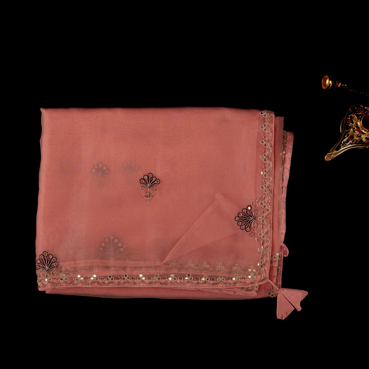 Bright peach embroidered organza party wear saree for women